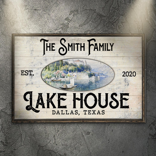 Family Lake House View Sign canvas by Tailored Canvases with rustic wood frame and lake scene on Tampa Home & Garden Store