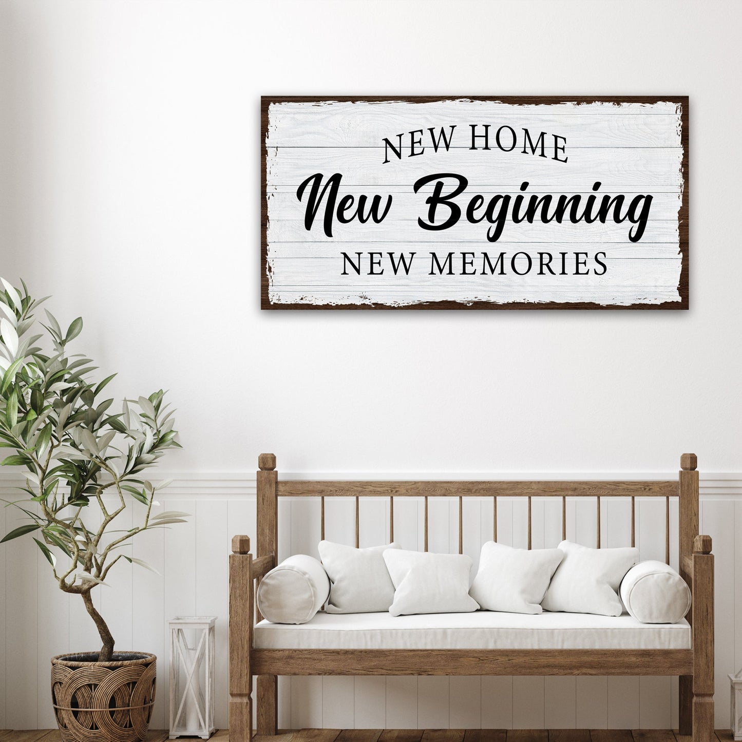 New Home Sign canvas by Tailored Canvases, distressed whitewashed wood planks with black typography on Tampa Home & Garden Store