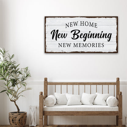 New Home Sign canvas by Tailored Canvases, distressed whitewashed wood planks with black typography on Tampa Home & Garden Store
