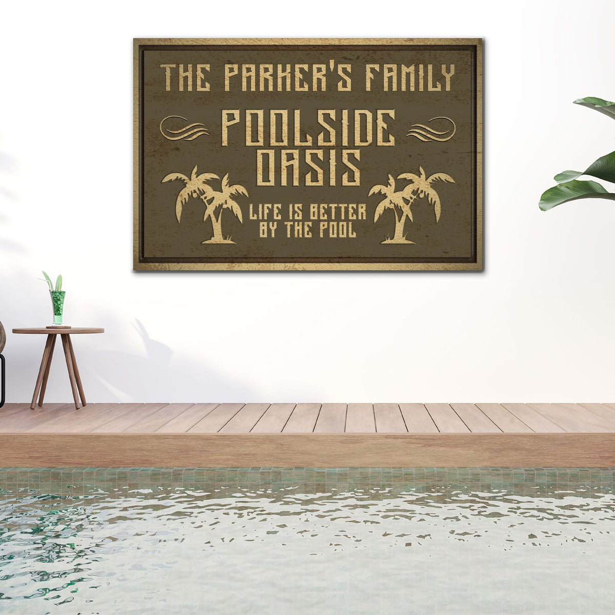 Family Swimming Pool Oasis Sign canvas with brown background and beige text Palm trees on Tampa Home & Garden Store
