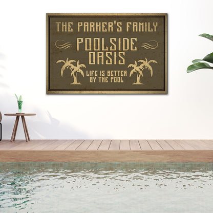 Family Swimming Pool Oasis Sign canvas with brown background and beige text Palm trees on Tampa Home & Garden Store