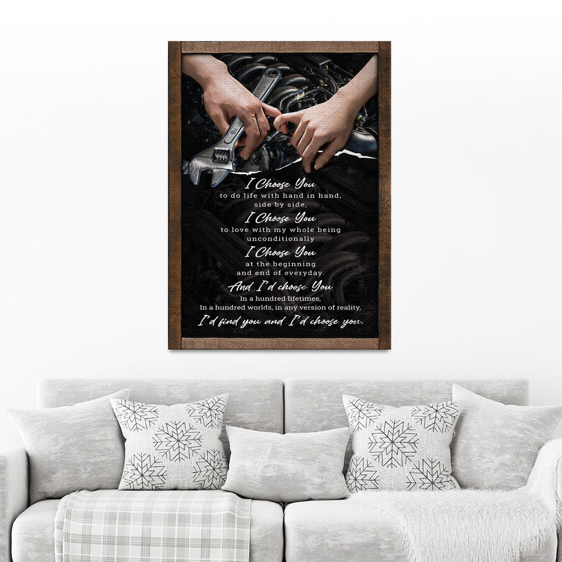 Tailored Canvases couple sign canvas with hands and wrench motif, dark engine background, wood frame on Tampa Home & Garden Store