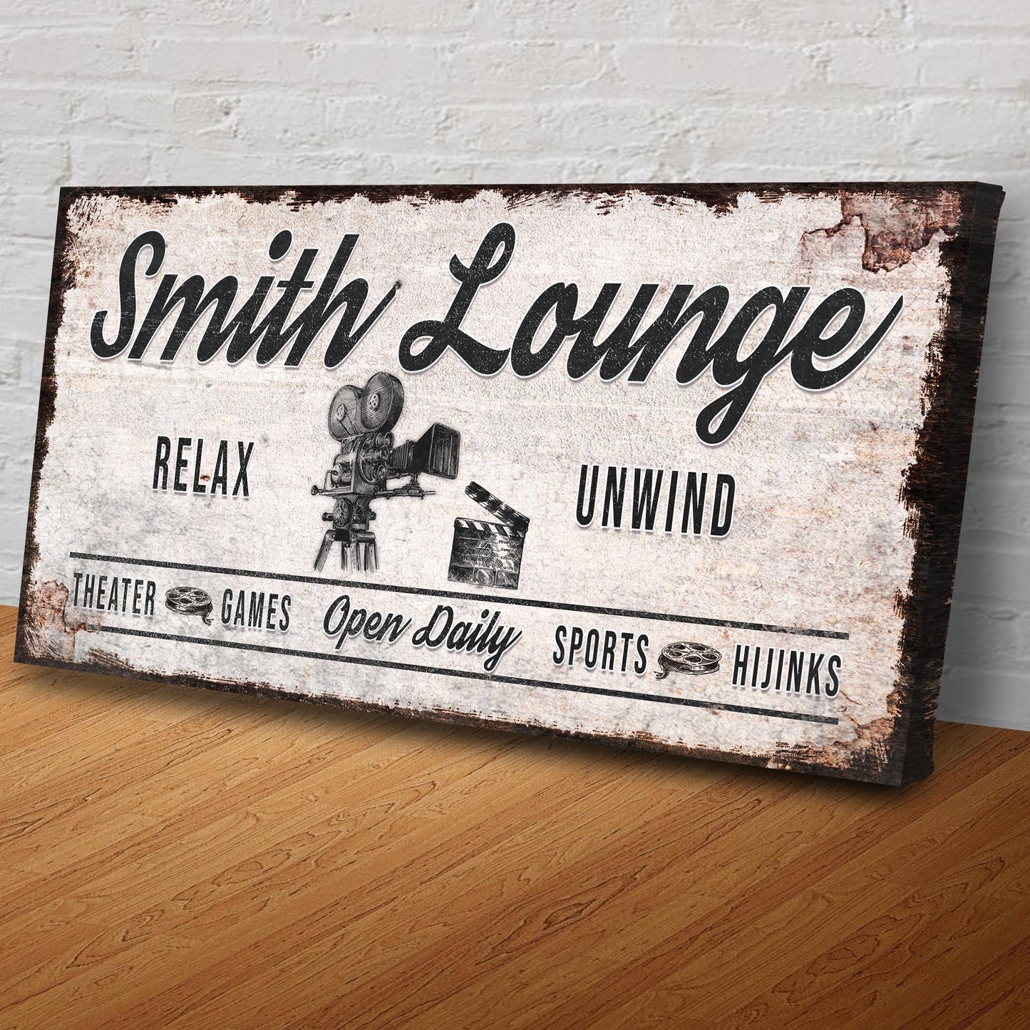 Relax Unwind Theatre Lounge Sign canvas with distressed vintage poster style and bold script on Tampa Home & Garden Store