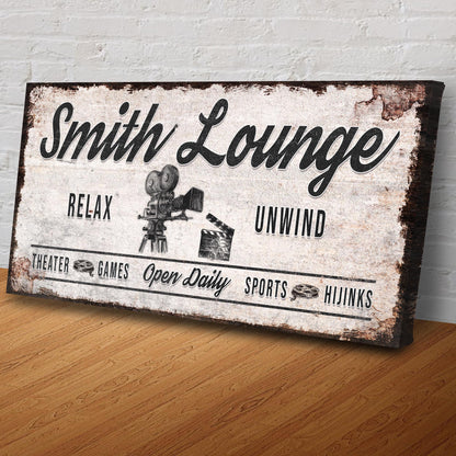 Relax Unwind Theatre Lounge Sign canvas with distressed vintage poster style and bold script on Tampa Home & Garden Store