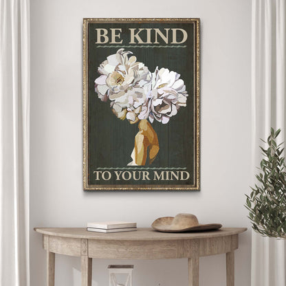 Be Kind To Your Mind canvas by Tailored Canvases, framed green backdrop with white bouquet on Tampa Home & Garden Store