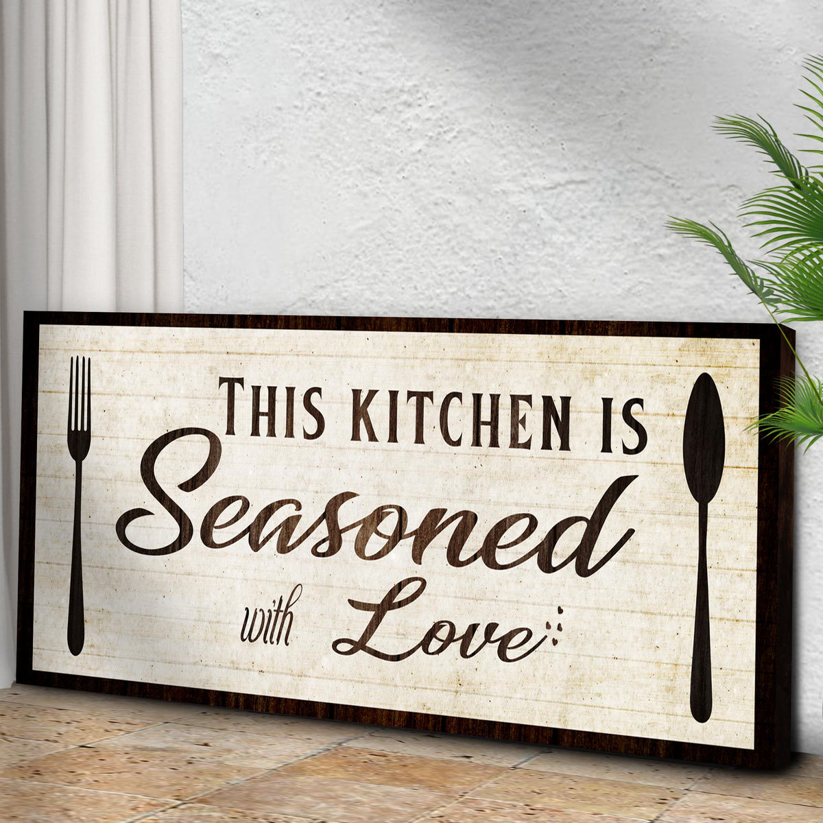 Kitchen Seasoned With Love sign canvas by Tailored Canvases with parchment-style backdrop on Tampa Home & Garden Store