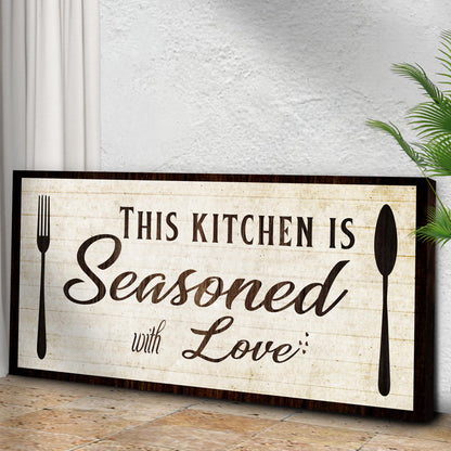 Kitchen Seasoned With Love sign canvas by Tailored Canvases with parchment-style backdrop on Tampa Home & Garden Store