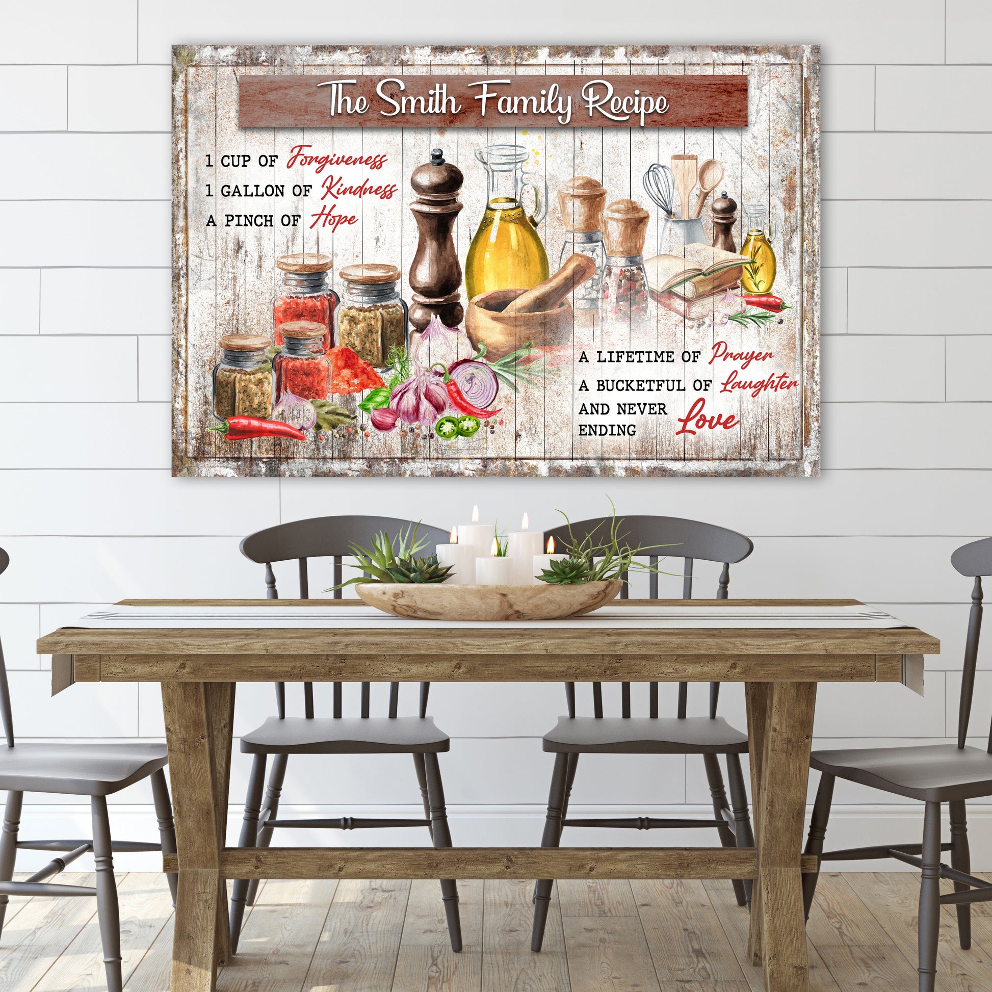 The Family Recipe Sign II canvas with rustic whitewashed wood red plaque jars and kitchen tools on Tampa Home & Garden Store