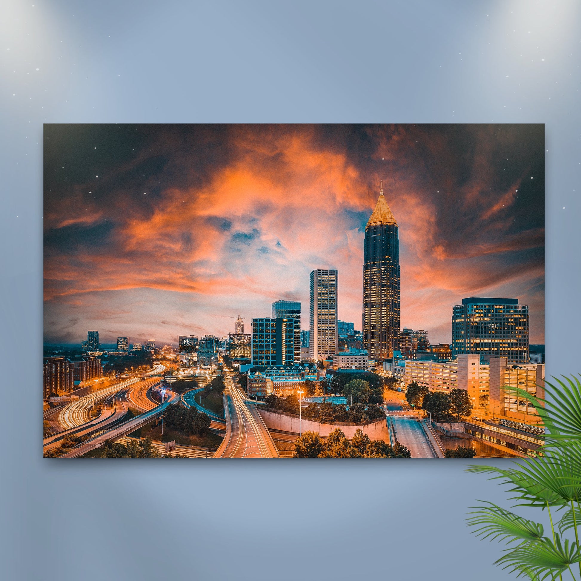 Atlanta City Night Skyline canvas wall art by Tailored Canvases in orange sunset over skyline on Tampa Home & Garden Store