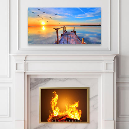 Dock Sunset View Canvas Wall Art by Tailored Canvases; sunset over a calm lake with a dock on Tampa Home & Garden Store