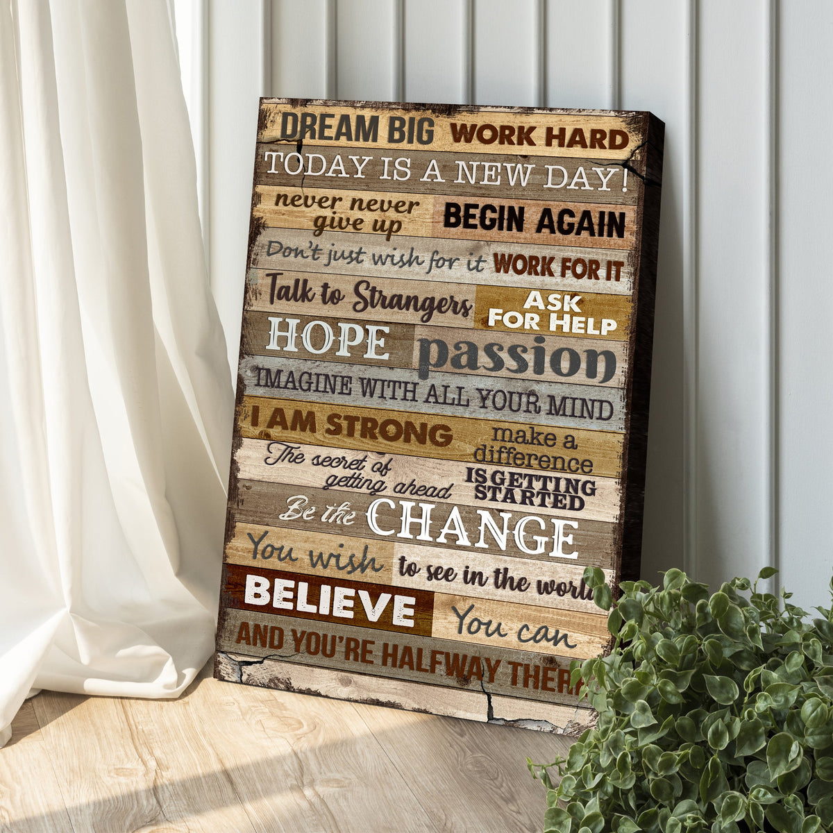 Dream Big Work Hard Motivation Sign II canvas by Tailored Canvases, rustic wood plank panel with inspirational quotes on Tampa Home & Garden Store