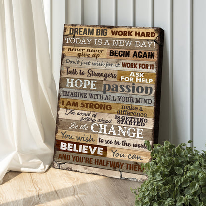 Dream Big Work Hard Motivation Sign II canvas by Tailored Canvases, rustic wood plank panel with inspirational quotes on Tampa Home & Garden Store