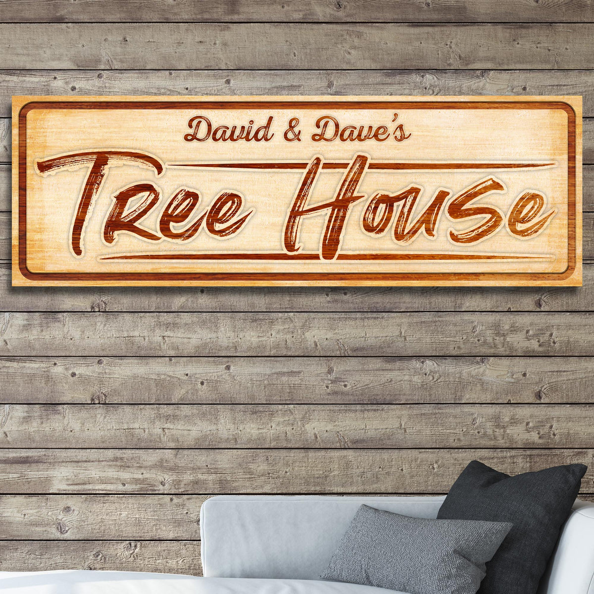 Canvas wall art sign with vintage wood panel reading David & Dave's Tree House on Tampa Home & Garden Store