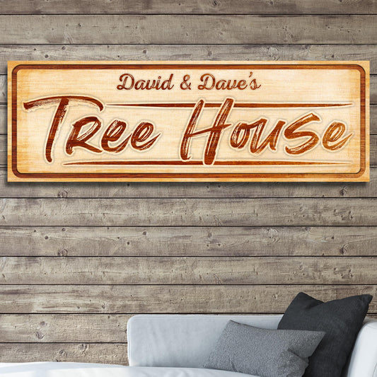 Canvas wall art sign with vintage wood panel reading David & Dave's Tree House on Tampa Home & Garden Store