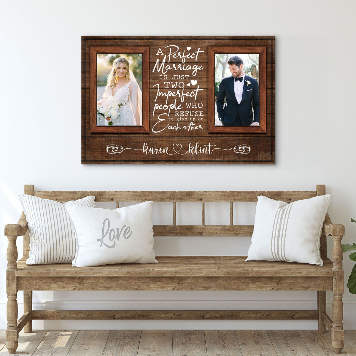 Canvas sign Tailored Canvases with two photo panels and scripted wedding quote on rustic wood on Tampa Home & Garden Store
