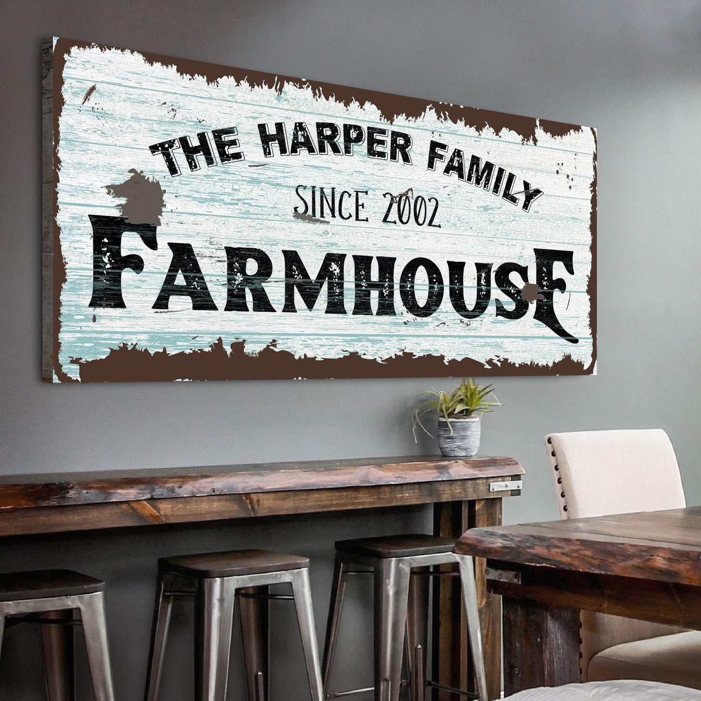 Family Farmhouse Sign IV canvas wall art with distressed blue wood and brown edge, FARMHOUSE on Tampa Home & Garden Store