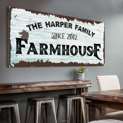 Family Farmhouse Sign IV canvas wall art with distressed blue wood and brown edge, FARMHOUSE on Tampa Home & Garden Store