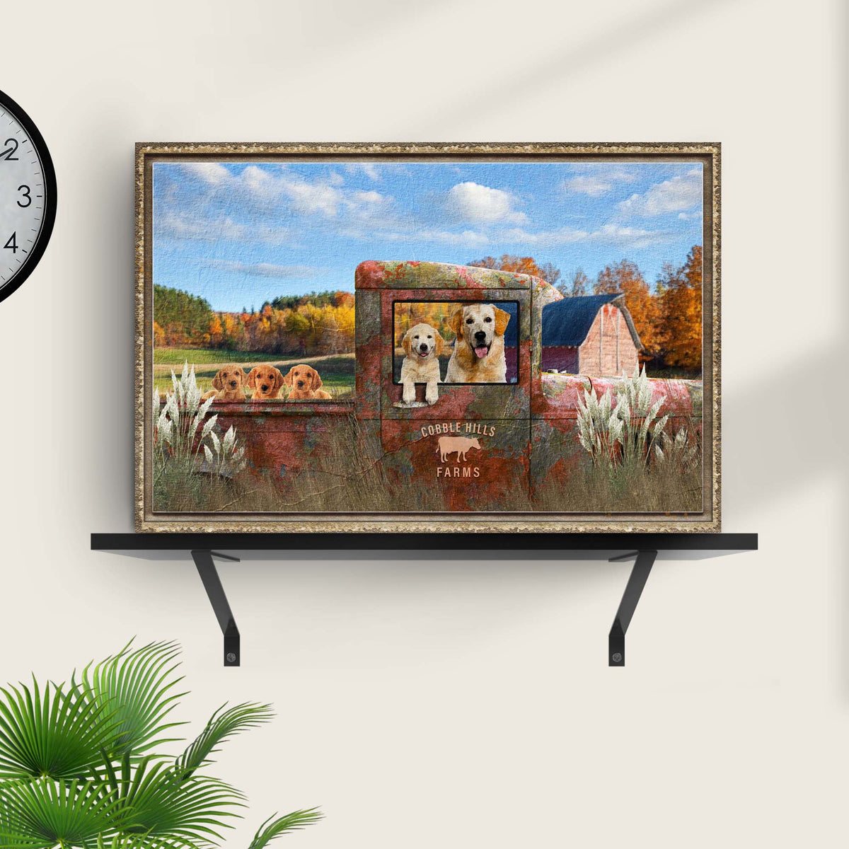 Pet Family Farm Name Sign canvas print with a rustic framed dog-filled farm scene on Tampa Home & Garden Store