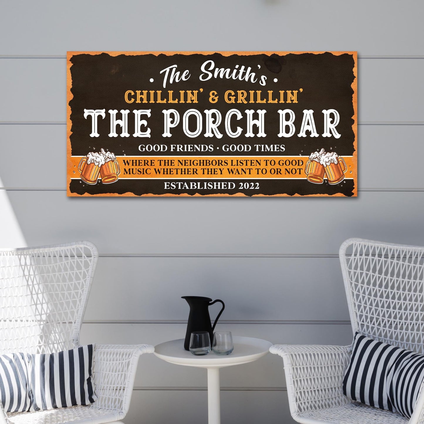 Family Porch Bar Sign canvas by Tailored Canvases with black background and orange border on Tampa Home & Garden Store