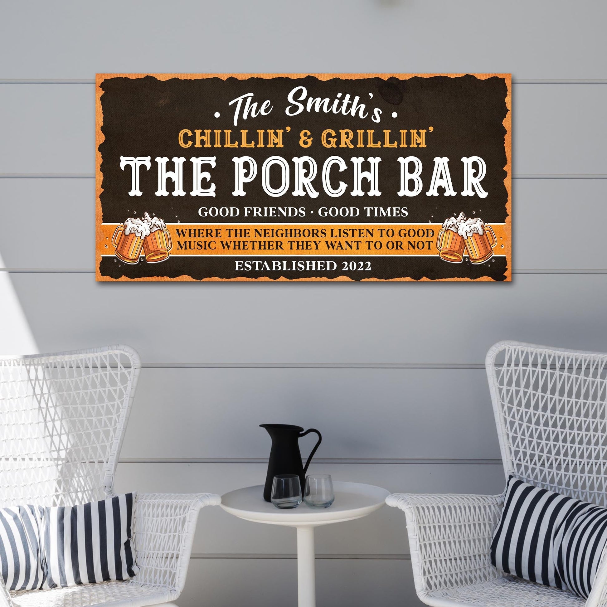 Family Porch Bar Sign canvas by Tailored Canvases with black background and orange border on Tampa Home & Garden Store