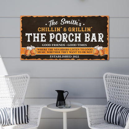 Family Porch Bar Sign canvas by Tailored Canvases with black background and orange border on Tampa Home & Garden Store