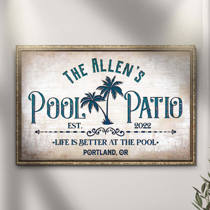 Canvas sign Life Is Better At The Pool And Patio by Tailored Canvases with teal palm trees on Tampa Home & Garden Store