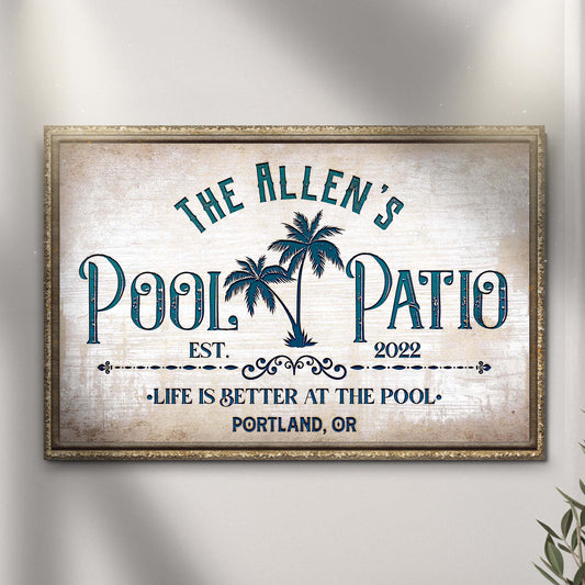 Canvas sign Life Is Better At The Pool And Patio by Tailored Canvases with teal palm trees on Tampa Home & Garden Store