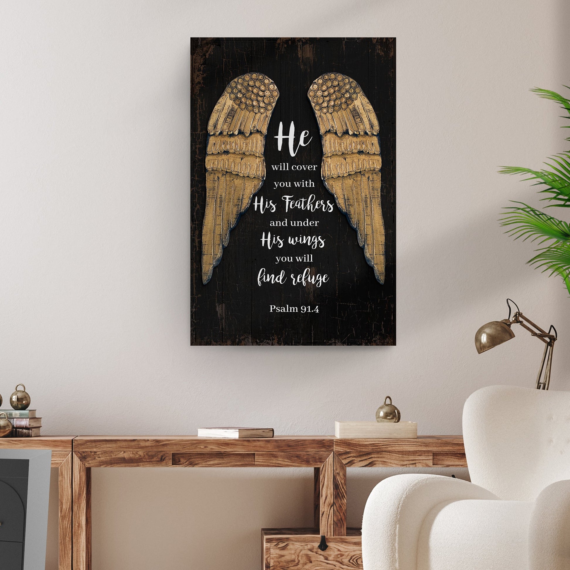 Tailored Canvases canvas sign Psalm 91:4 He Will Cover You With His Feathers on black wood on Tampa Home & Garden Store