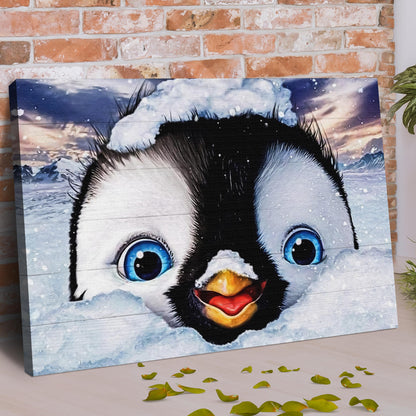Penguin Peekaboo canvas wall art with blue-eyed penguin against snowy background Tailored Canvases on Tampa Home & Garden Store