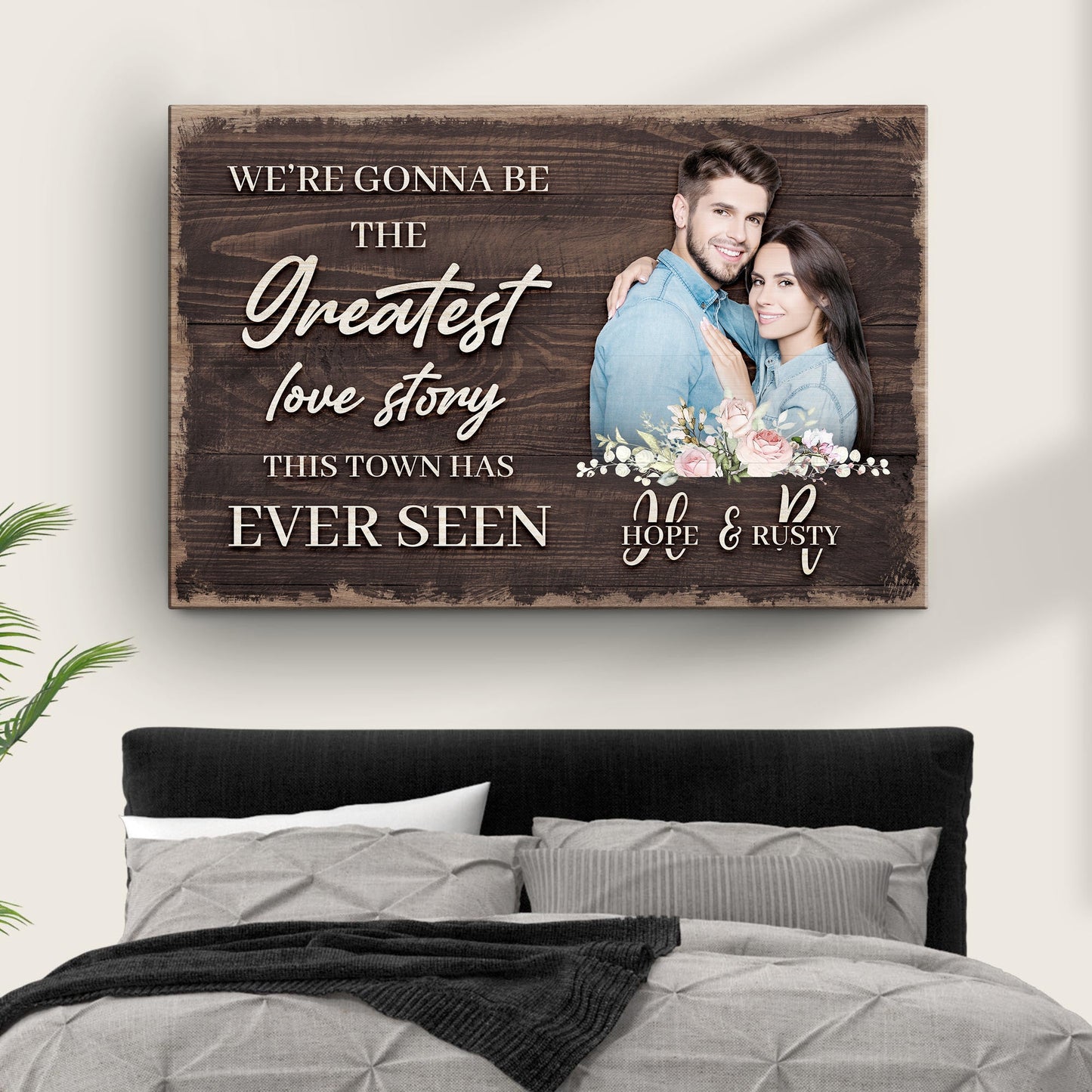 Greatest Love Story In Town Sign canvas by Tailored Canvases with wood grain backdrop and couple on Tampa Home & Garden Store