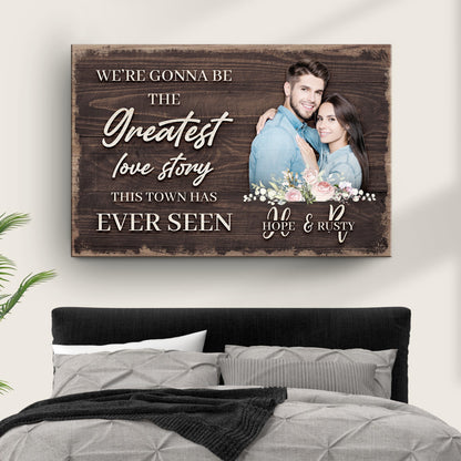 Greatest Love Story In Town Sign canvas by Tailored Canvases with wood grain backdrop and couple on Tampa Home & Garden Store