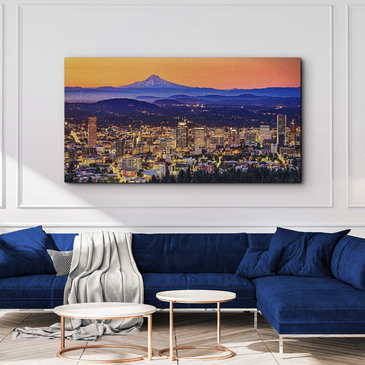 Portland Oregon Skyline Canvas Wall Art by Tailored Canvases; sunset skyline over blue mountains on Tampa Home & Garden Store