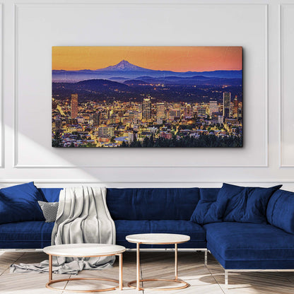 Portland Oregon Skyline Canvas Wall Art by Tailored Canvases; sunset skyline over blue mountains on Tampa Home & Garden Store