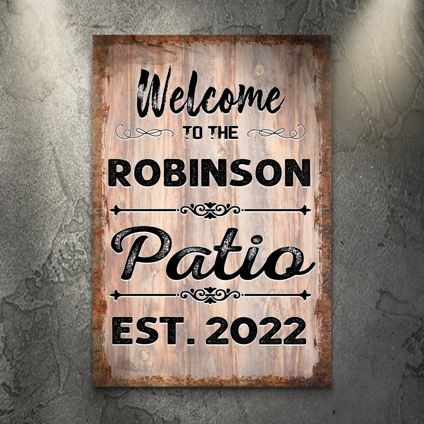Canvas Welcome To The Patio Sign IV on distressed wood background by Tailored Canvases on Tampa Home & Garden Store