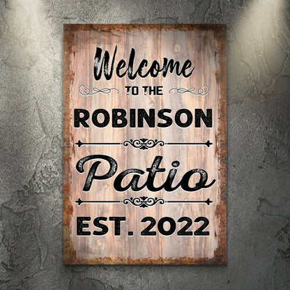 Canvas Welcome To The Patio Sign IV on distressed wood background by Tailored Canvases on Tampa Home & Garden Store