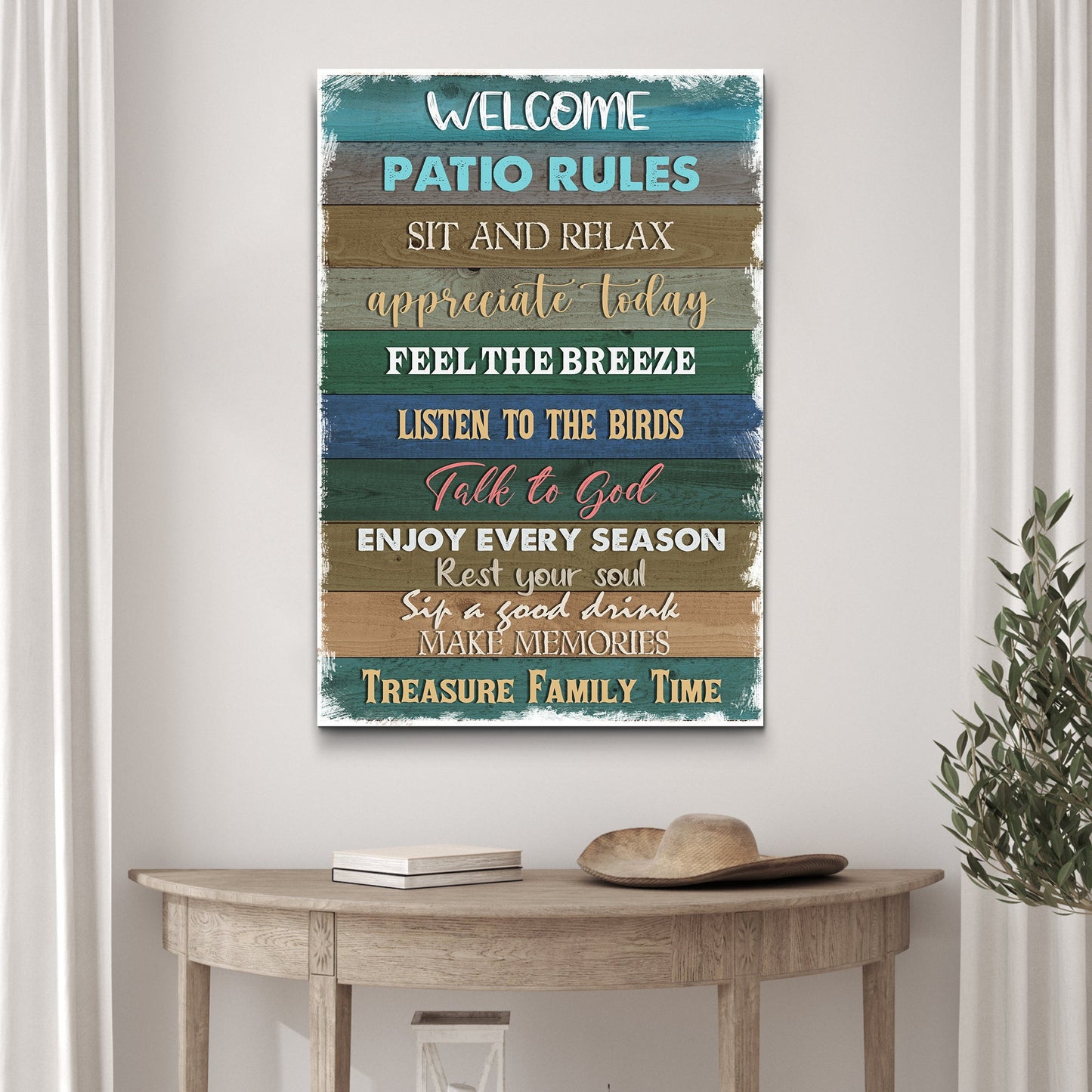 Patio Rules Sign canvas wall art with multicolored wood planks and motivational phrases on Tampa Home & Garden Store
