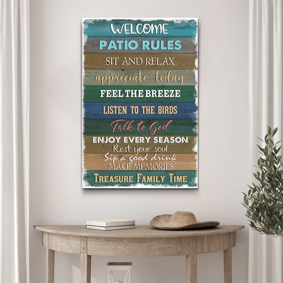 Patio Rules Sign canvas wall art with multicolored wood planks and motivational phrases on Tampa Home & Garden Store