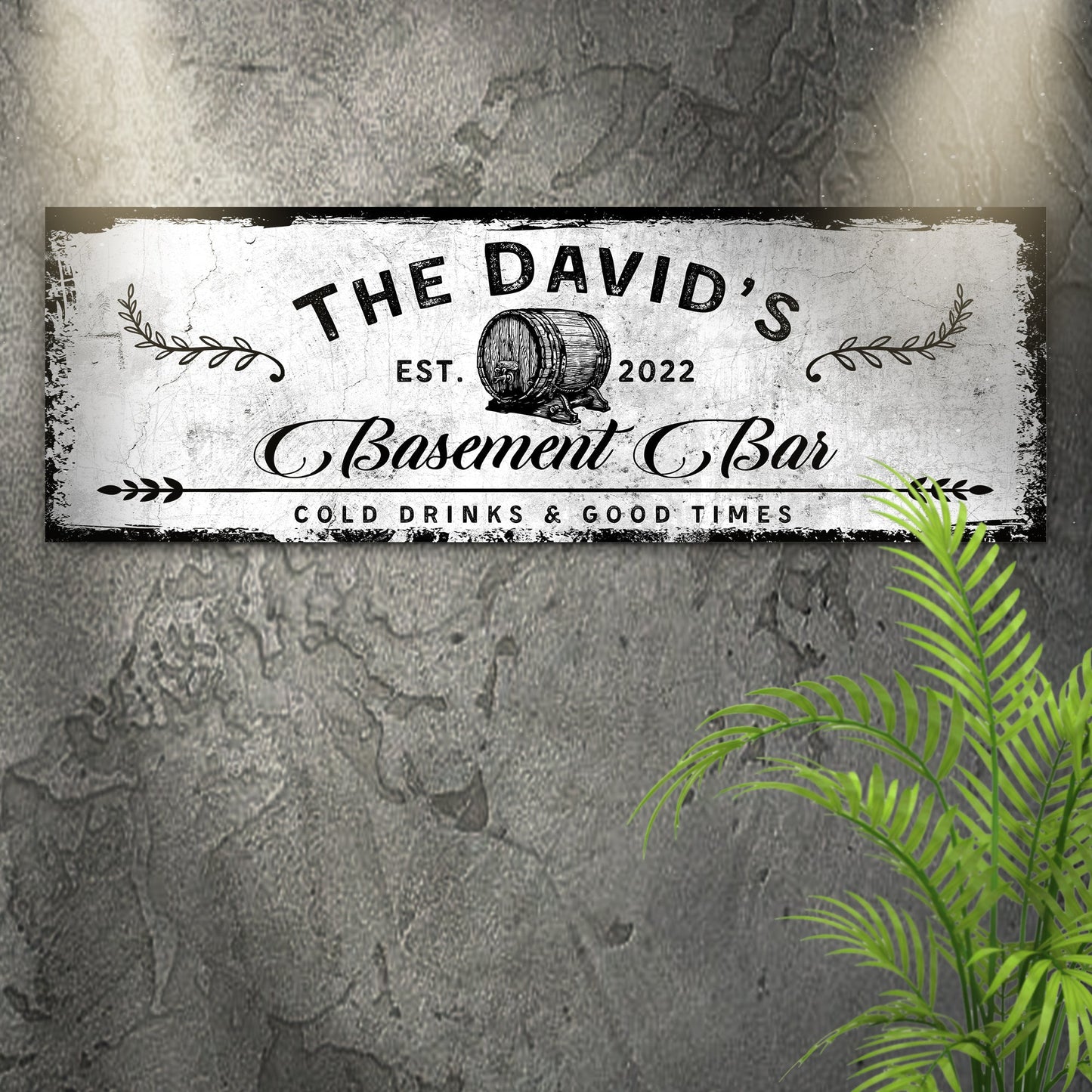 Basement Bar Barrel Sign canvas with vintage distressed texture and barrel illustration on Tampa Home & Garden Store