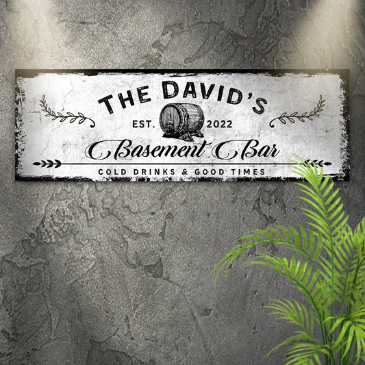 Basement Bar Barrel Sign canvas with vintage distressed texture and barrel illustration on Tampa Home & Garden Store