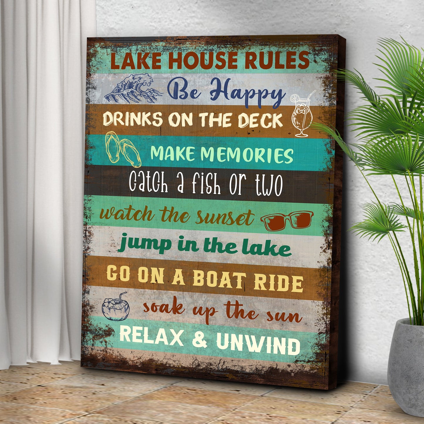 Lake House Rules Sign III canvas by Tailored Canvases, distressed striped sign with beach motifs and bold typography on Tampa Home & Garden Store