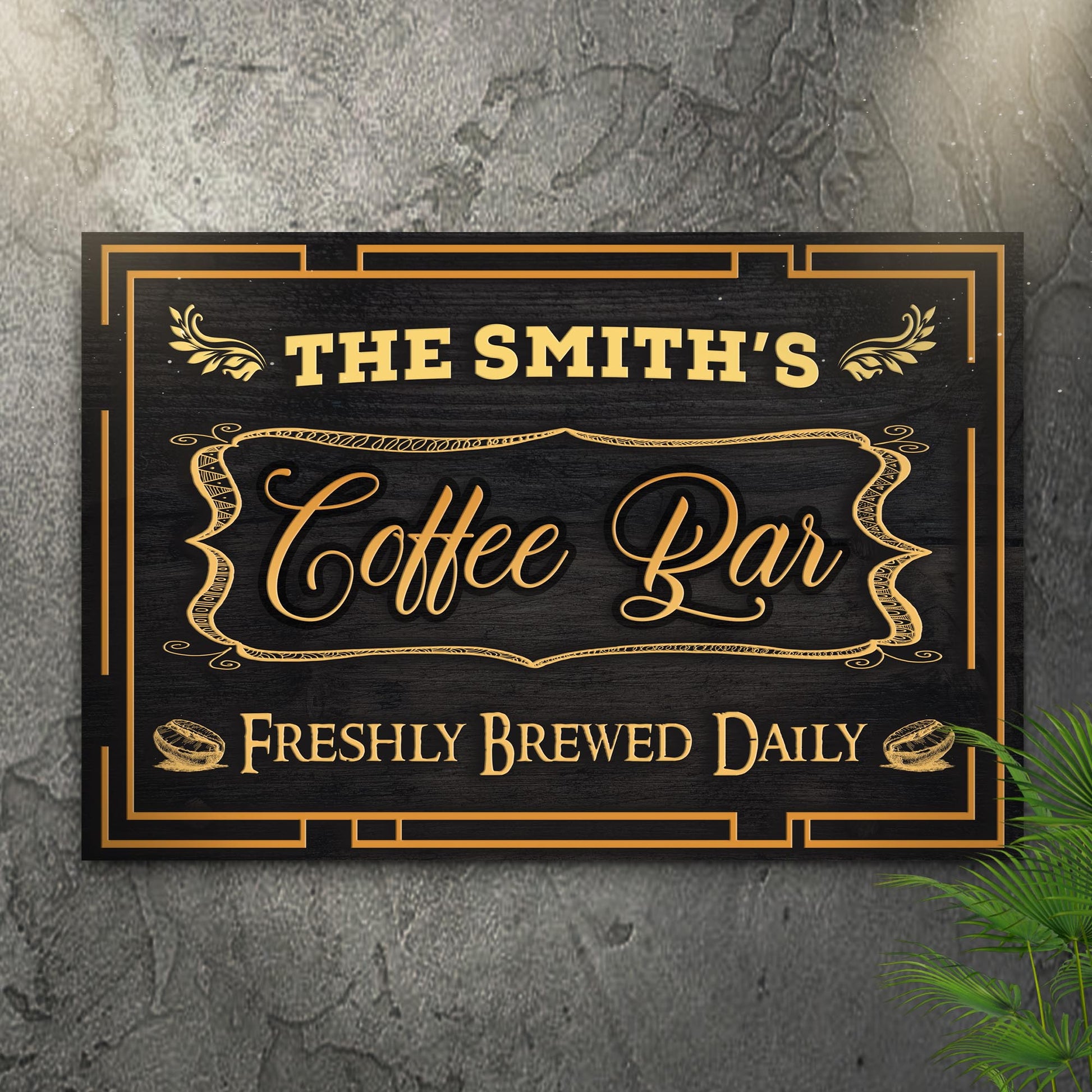 Canvas sign The Smith's Coffee Bar with gold border and Freshly Brewed Daily text on Tampa Home & Garden Store