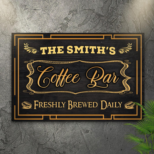 Canvas sign The Smith's Coffee Bar with gold border and Freshly Brewed Daily text on Tampa Home & Garden Store
