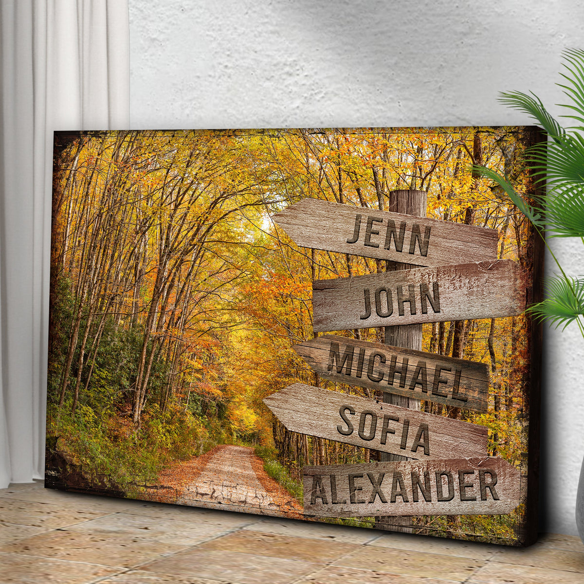 Autumn Road Family Name Sign canvas artwork with a forest path and rustic wooden name plaques on Tampa Home & Garden Store