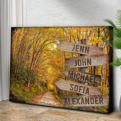 Autumn Road Family Name Sign canvas artwork with a forest path and rustic wooden name plaques on Tampa Home & Garden Store