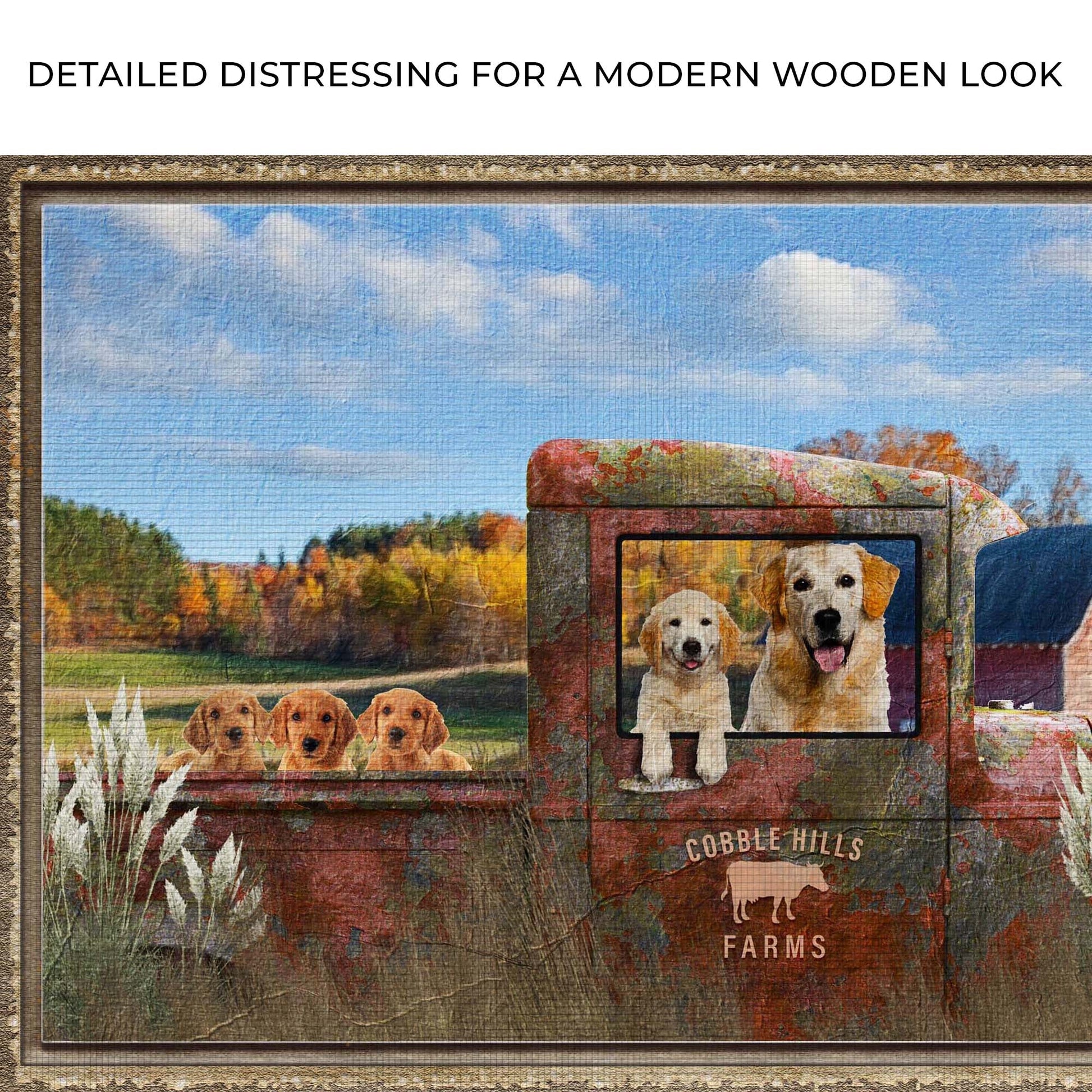 Pet Family Farm Name Sign canvas with dog portraits on a rustic farm scene by Tailored Canvases on Tampa Home & Garden Store