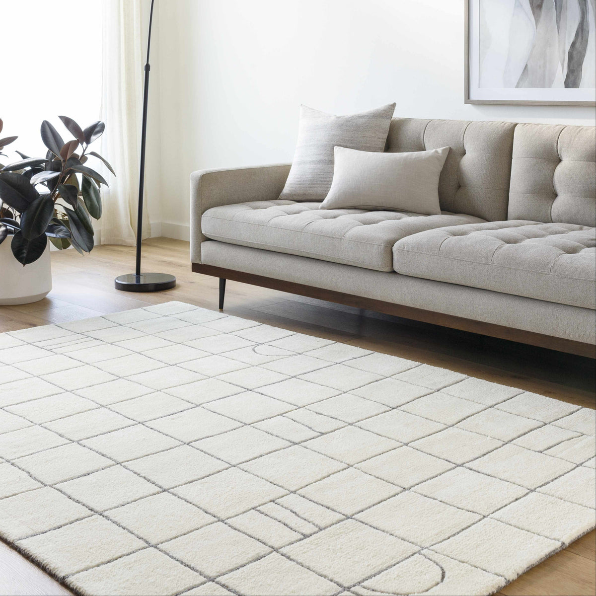 Tanya Pearl White Grid Wool Rug by Boutique Rugs, ivory with gray grid pattern on Tampa Home & Garden Store