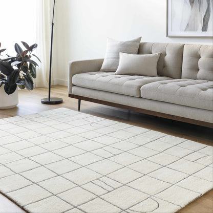 Tanya Pearl White Grid Wool Rug by Boutique Rugs, ivory with gray grid pattern on Tampa Home & Garden Store