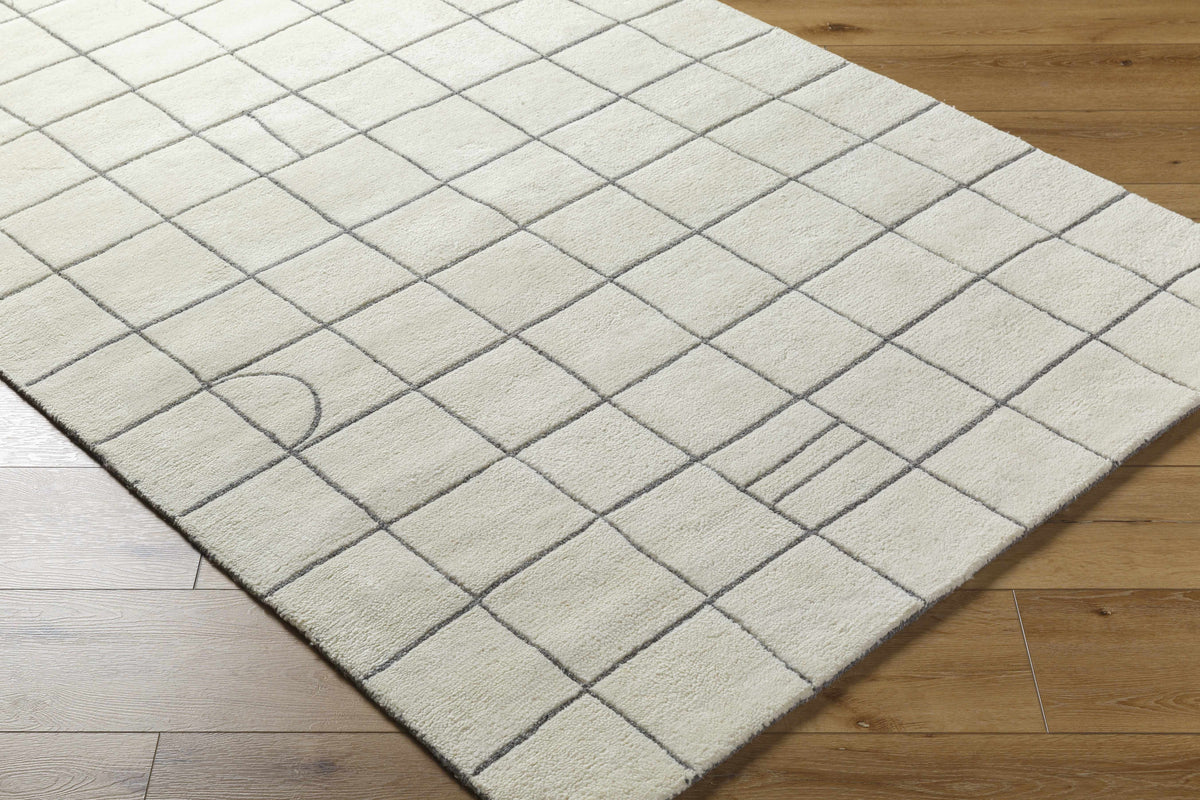 Tanya Pearl White Grid Wool Rug cream with gray grid pattern by Boutique Rugs clearance on Tampa Home & Garden Store