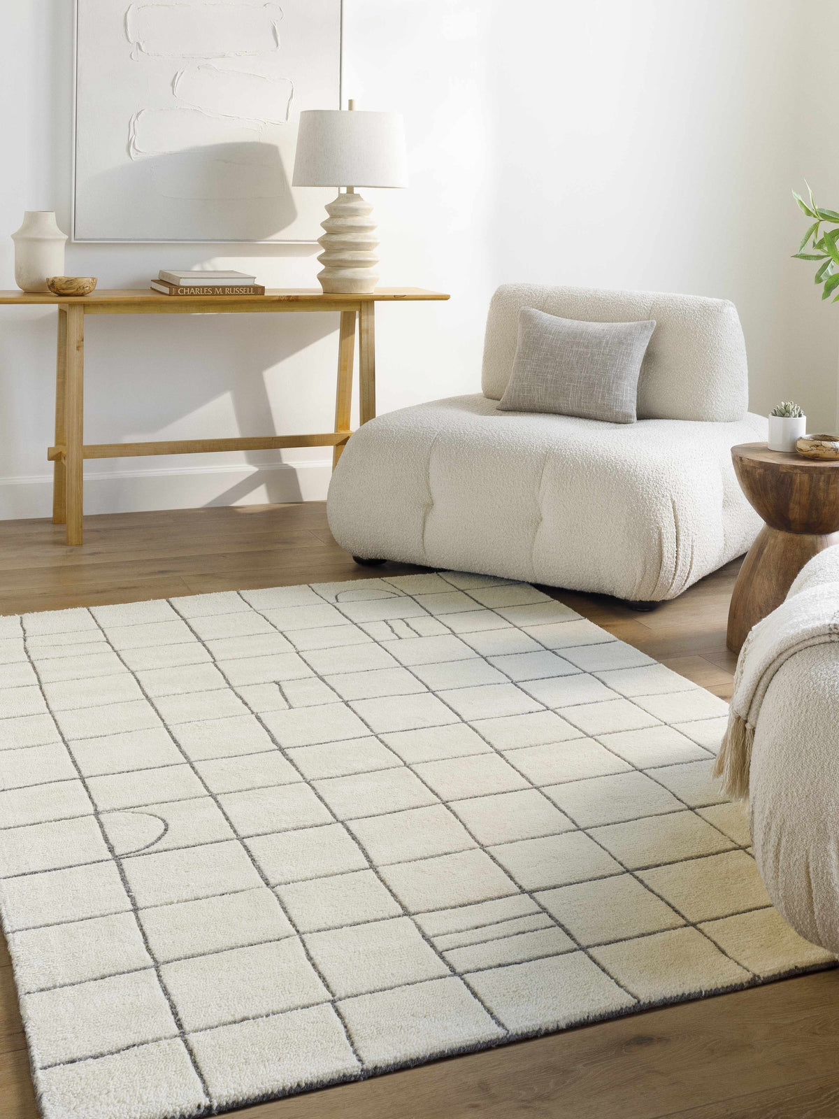 Tanya Pearl White Grid Wool Rug pearl white with charcoal grid lines, wool, clearance on Tampa Home & Garden Store