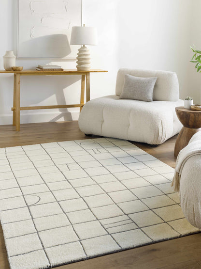 Tanya Pearl White Grid Wool Rug pearl white with charcoal grid lines, wool, clearance on Tampa Home & Garden Store